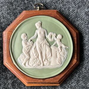 Vintage Octagonal Wall Plaque with Green and White Relief